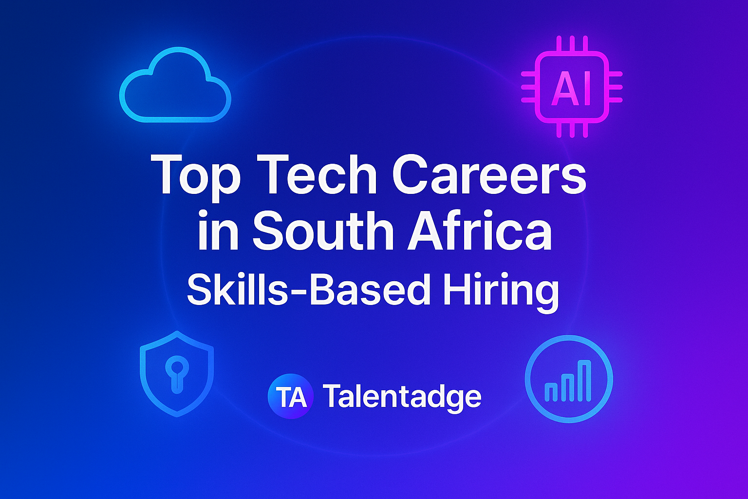 Visual design of tech icons around the Talentadge logo showing in-demand careers.
