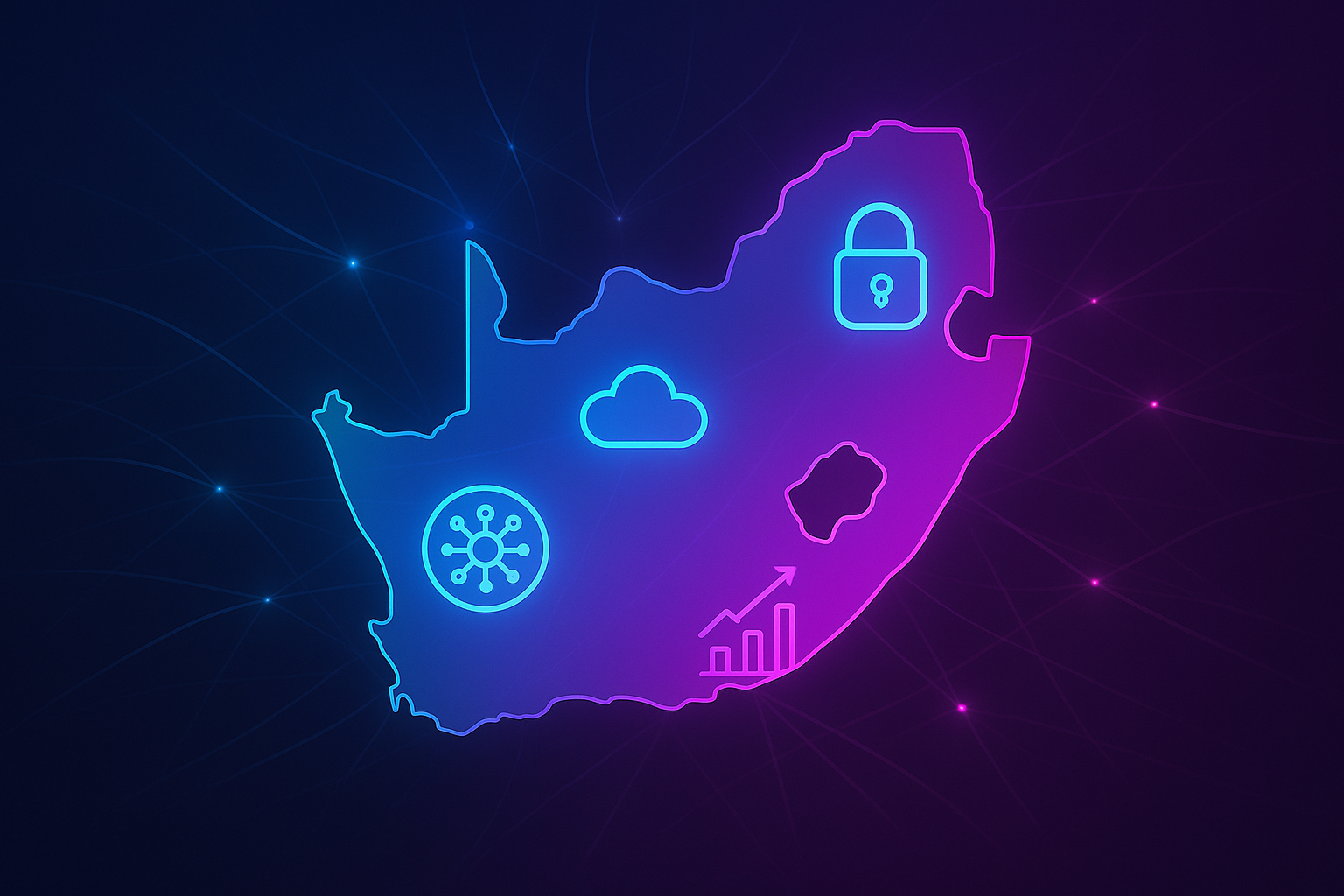 Illustration of South Africa with tech icons symbolising opportunity amidst unemployment.